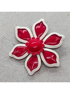 Funky Mod Retro Vintage Layered Enamel Cherry Red & White Flower Brooch 2.5"
